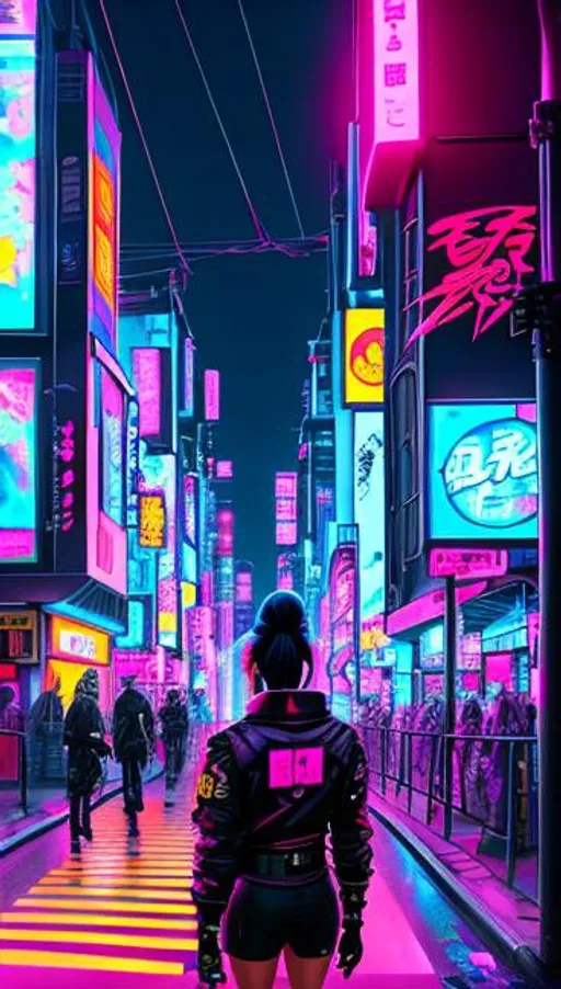 Prompt: cyberpunk tokyo, Street Art, Graffiti Style, Bold, Digital Painting, Urban, Edgy, Colorful, 8K, Intricate Details illuminated by a neon sunset, by Alex Konstad, Tatsuya Ishida, and Patrick Brown, dramatic lighting, hyper-realistic details, with digital painting techniques, trending on Artstation, cinematic cinematic lighting. Girl looking up at the lights.
