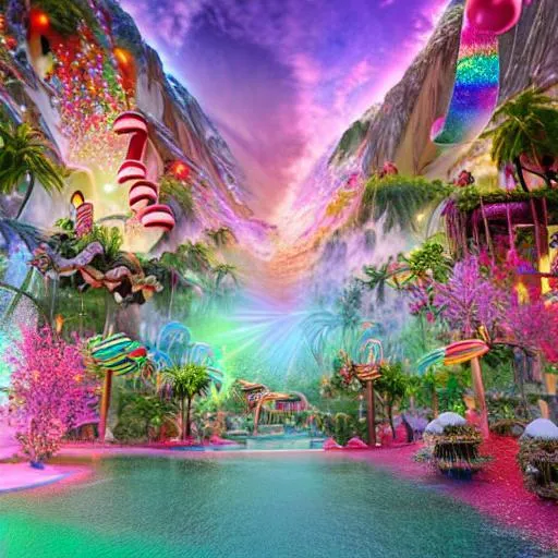 Prompt: Paradise in heaven, Vivid, V-Ray Lighting, Reflections, Refraction, Intricate Details, Realistic, Sharp, Octane Render, UHD, 4K, 8K, pastel colors, chocolate fountain, candy drop trees, beautiful, candy canes, syrup lale, waffle cone mountains, kit cat road

