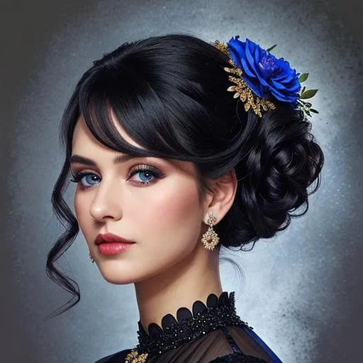 Prompt: Beautiful woman portrait wearing a black evening gown, blue eyes, black hair, dark eyes, ruby jewelry,elaborate updo hairstyle adorned with flowers, facial closeup