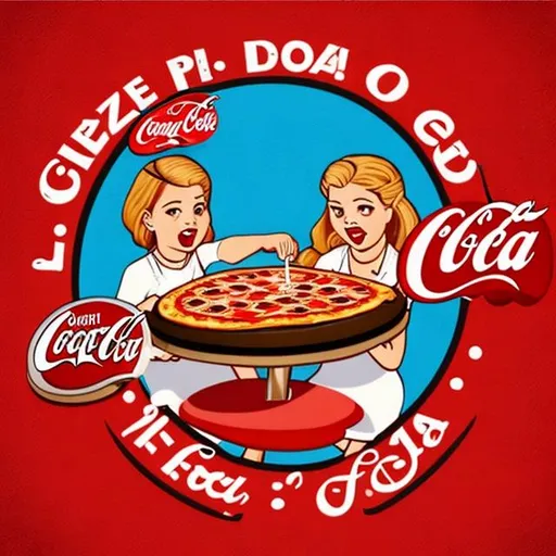 Prompt: funny pizza restaurant logo that is inspired by the Coke Cola logo, and has 3 girls in it