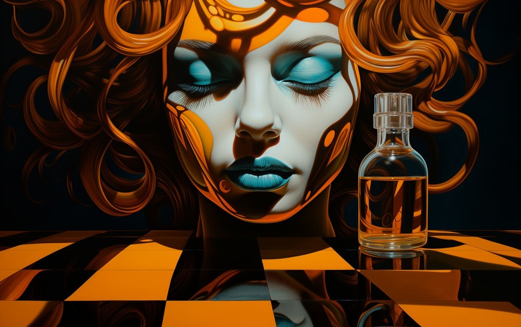 Prompt: 3D checkered pattern with bottle, bottle with a bottle, and head on it, in the style of martine johanna, fluid lines and curves, photographically detailed portraitures, dripping paint, dark amber, elegant, emotive faces, dramatic diagonals