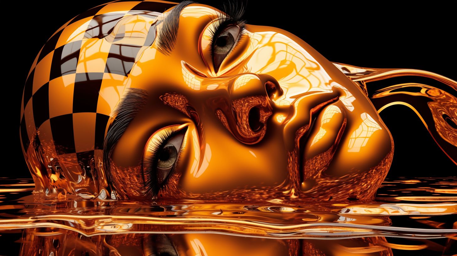 Prompt: The image showcases a surrealistic depiction of a human face, partially submerged and seemingly melded into a checkerboard background. Liquid amber, resembling molten gold or honey, pours onto the face, distorting its features further. The play of light accentuates the fluidity and reflective qualities of both the face and the liquid. --ar 16:9 --sref https://s.mj.run/oXnwFthmt-4 --niji 6