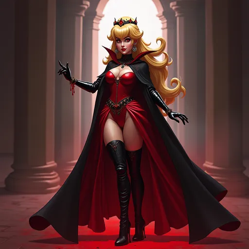 Prompt: princess peach get bitten by a vampire bat and start turing into a vampire ther eyse turn red her gloves are not patten leather black   and she has on a vampire cape with collar up get dress is shorr to show off her new thigh high heel bootsyou see her showing off her fangs to feed off mario