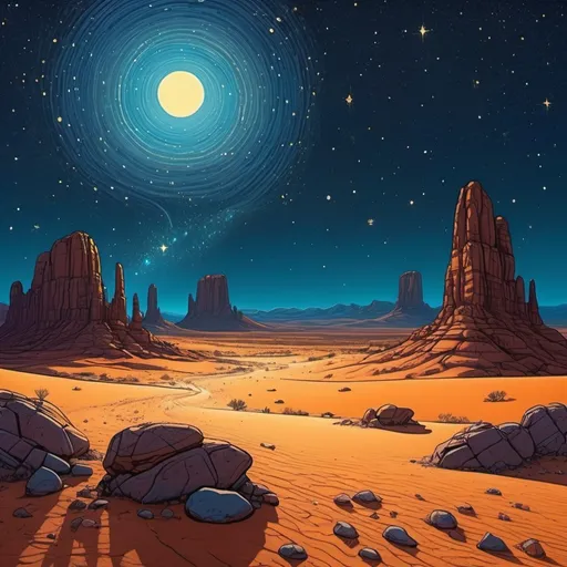 Prompt: A desert alien landscape with rocky ground and mesas to the left, in the style of Moebius, in the starry night