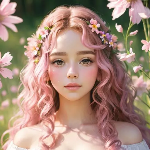 Prompt: a young fairy of spring, very curlsy hair, pink glow on cheeks,wildflowers, vivid colors, closeup