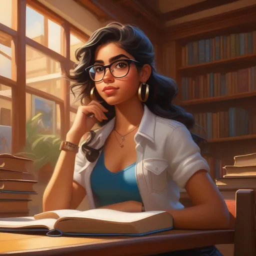 Prompt: Nerdy Latina girl in Bully: Scholarship Edition, cartoony, sunny atmosphere, extremely detailed painting by Greg Rutkowski and by Henry Justice Ford and by Steve Henderson