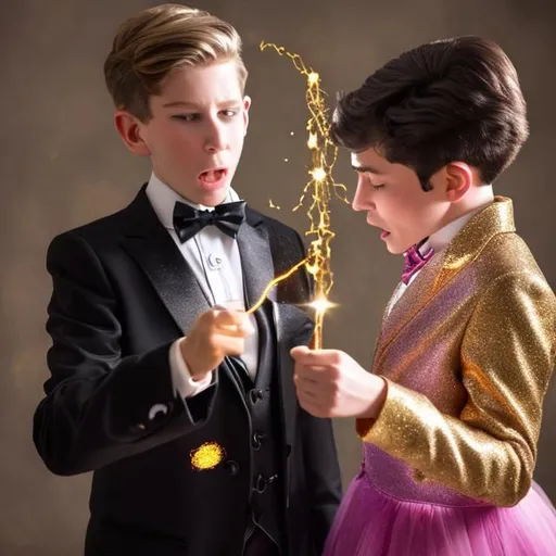 Prompt: 13 year old boy in a tuxedo casts a gold sparkle magic spell with his magic wand on a 5 year old girl. Girls mom screams in the background not knowing what kind of spell he cast on her daughter 