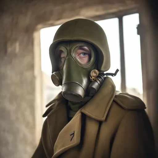 Prompt: soldier wearing gas masks inside of a trench 