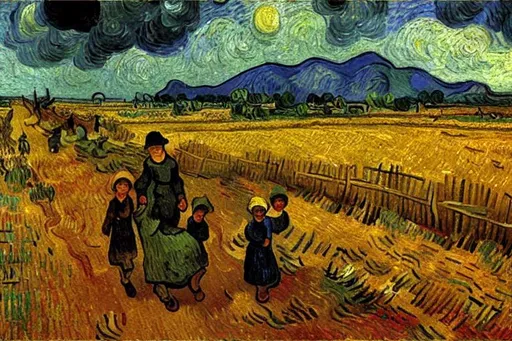 Prompt: oil painting by Vincent VanGogh,  harsh brush strokes, a peasant momma with children on a rainy summer evening, Award-winning cgi, blender 