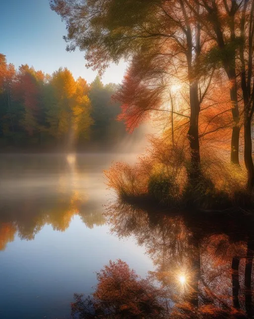 Prompt: A peaceful autumn morning landscape with rays of light peeking through the mist hovering above a glassy lake, surrounded by vibrantly colored trees (((reflecting))) in the still water. Conveys serenity, tranquility, and natural beauty. Shot with a wide angle Sony a7R IV and a 16-35mm GM lens.