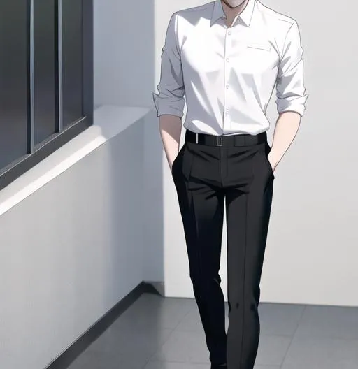 Prompt: Cute serious man, white shirt, black pants,