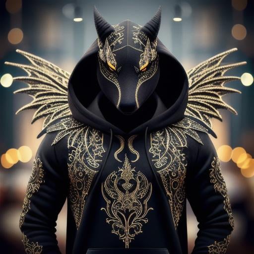 Black dragon wearing a hoodie, perfect composition
