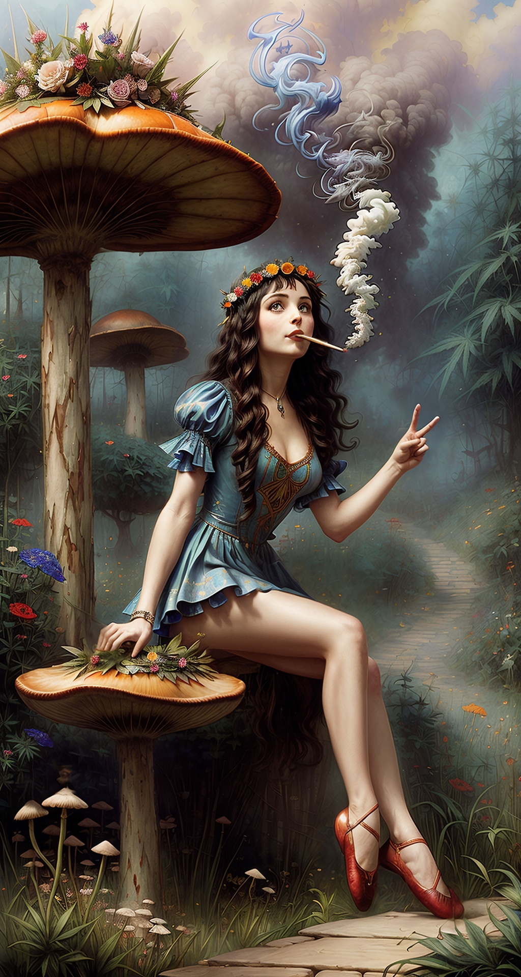 Prompt: ((realistic)) ((highly detailed)) ((Breathtaking beautiful attractive close-up full-body)) ((high-tripping ((in a smokey area)) Bohemian Disney Princess ((American Mcgee's Alice)) in Wonderland (((blowing smoke from her mouth))) sitting with leg dangle with one leg dangling off the ground sitting on a giant mushrooms growing)) ((pin-up art)) ((by Brian Kesinger)), ((by Android Jones)), ((by Alayna Lemmer)), ((by Hannah Yata)), ((by Charlie Bowater)), ((by Jimmy Lawlor)), ((by John William Waterhouse)), ((detailed background by Jeff Legg)), (wearing flower hair wreath) and (hemp and mini-dress) and ballet flats, Marijuana growing.