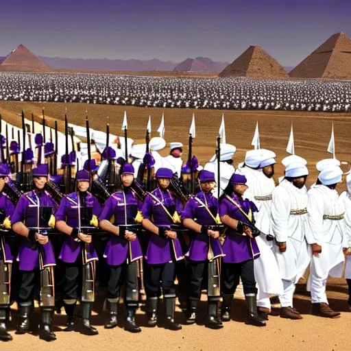 Prompt: An army of dark purple skinned Elves wearing a white and purple world war 1 style ottoman soldier uniform, holding bolt action rifles. with black hair and black beards, in the egyptian style desert