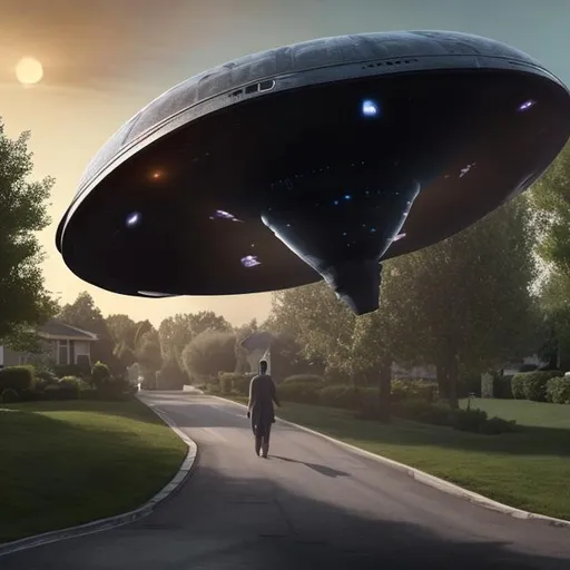 Prompt: Huge Alien spacecraft landing at end of Cul de sac in UHD OLED American suburbs 
