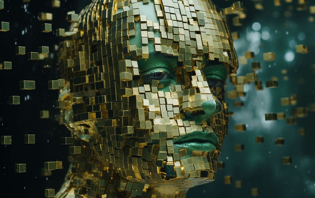 Prompt: a head portrait that is covered in goldlooking squares, in the style of rendered in maya, green and gold, close-up shots, futuristic fragmentation, photo-realistic techniques, dotted, fragmented advertising