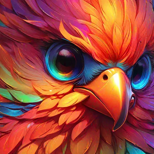 Prompt: cute flaming bird, rainbow colours, sparkling eyes, embers in eyes, shining eyes, sharp features, big flowing fiery feathers, sunrise background, highly detailed, digital painting, artstation, concept art, smooth, sharp focus, beautiful feathers, expressive eyes, illustration, art by Artgerm and greg rutkowski and alphonse mucha