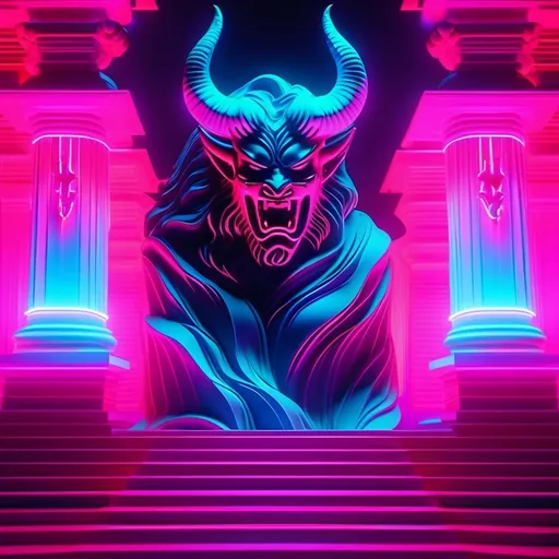 Prompt: demon, hell, demonic, vaporwave, retro, neon, aesthetic, liminal, high quality, high definition, beautiful, dramatic lighting