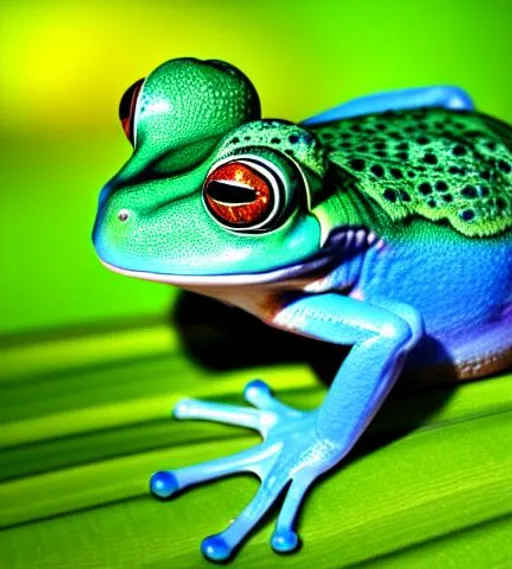 Prompt: Blue eyed hyperdetailed hyperreealistic frog with a cylinder hat sitting on antree leaves, beautiful colors , rainforest, 3d Blender Render, ultra Detailed Rendering, 