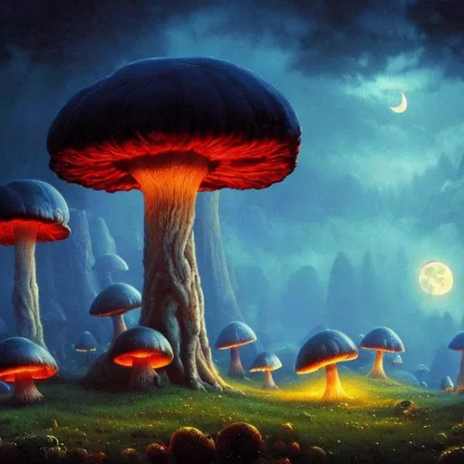 Prompt: moon night; Landscape of giant glowing mushrooms mushrooms, glowing blue By Greg Rutkowski, Thomas Kinkade max Parrish Foggy, fantasy 8k, mystical