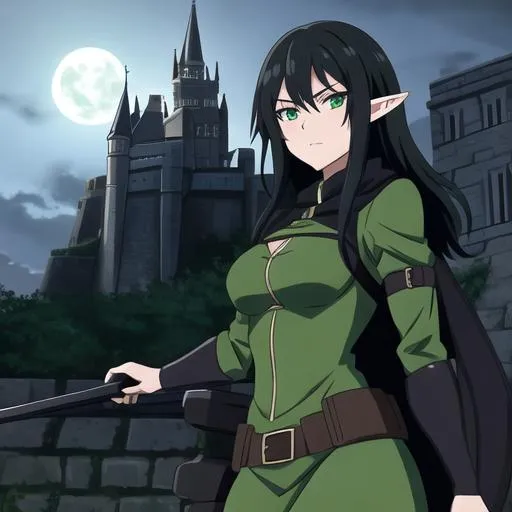 Prompt:  Pretty, rogue, Anime woman, dark black hair, dark green hazel eyes, elf, armoured, near a castle at night, 