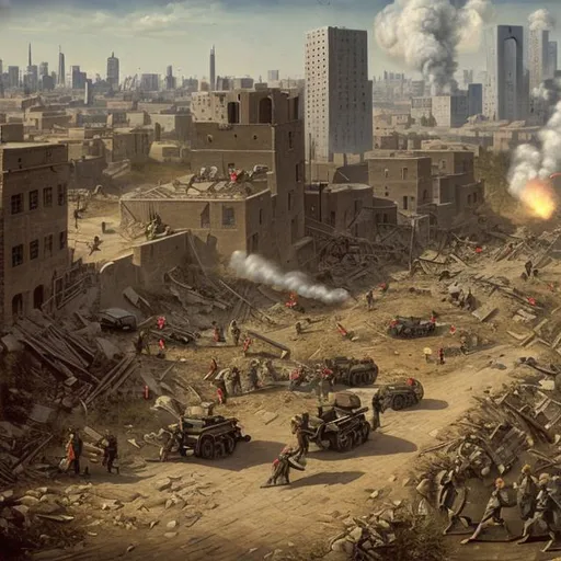 Prompt: Modern city, american, landscape, war, siege, artillery shelling