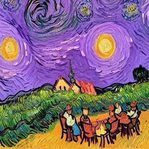 Prompt: Van gogh style painting in wich me and my friends are next to pond in pink sky night smoking weed and teling story