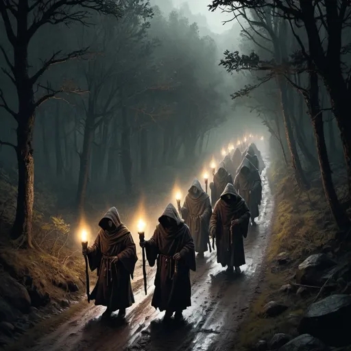 Prompt: Warhammer fantasy RPG style, distant birds-eye view of hooded monks holding lit torches walking on a muddy forest road, dark and eerie atmosphere, detailed forest foliage, rugged terrain, aged and weathered robes, ominous lighting, high quality, dark fantasy, detailed foliage, birds-eye view, eerie atmosphere, rugged terrain, weathered robes, ominous lighting