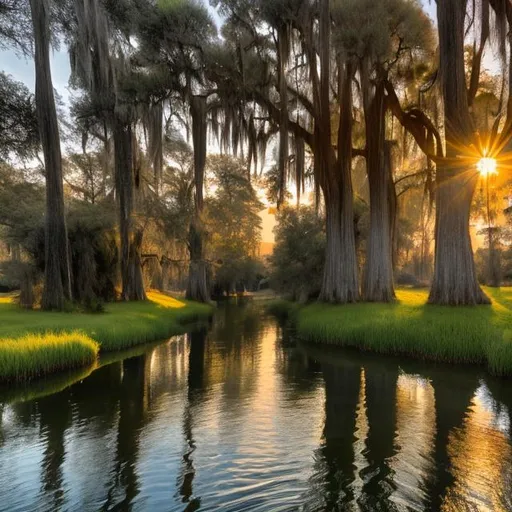 Prompt: a small stream with tall cypress trees on both sides and the sun rising over the water.