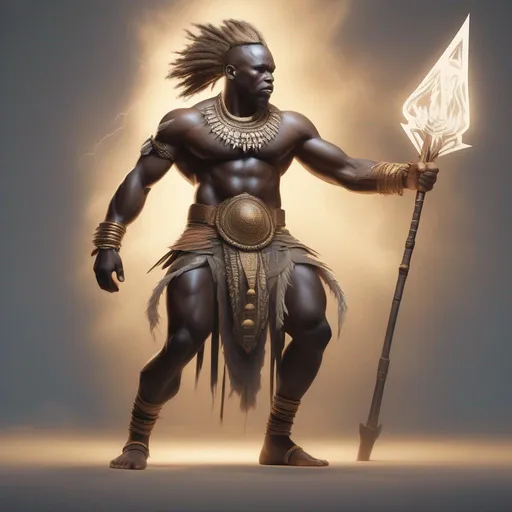 Prompt: a African tribal lightning god, body art, armor,  concept art, orientalist, full body, dynamic, pose,  insane detail, detailed, worn, cinematic, hyper realism, realistic proportions, dramatic lighting, high detail 4 k, artstation