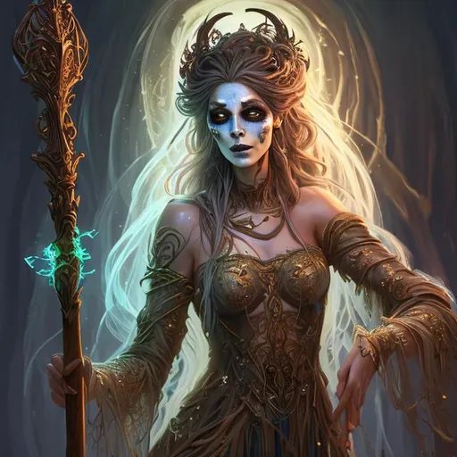 Prompt: Full body splash art portrait of a beautiful female undead sorceress casting a spell, very long honey brown hair, wearing long light-colored floaty iridescent pearlescent robe, carrying a wooden staff, D&D, fantasy, intricate, beautiful, elegant, highly detailed, sharp focus, digital painting, artstation, concept art, 4k, 8k