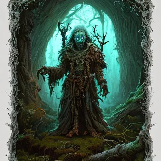 Prompt: lich, druid, undead, spell-stitched, bark paper, praise, faith, false god, iconography, white moss,  fungi, rotting, moss, digitigrade, standing, D&D, fantasy, cinematic lighting, highly detailed, digital painting, artstation, concept art, smooth, sharp focus, illustration, volumetric lighting, epic Composition, 8k, art by frank frazetta, oil painting, cgsociety