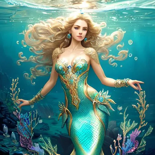 Prompt:  A woman as mermaid, intricate detailed ornate, dive, under water, detailed hair, intricate detailed face, natural body, beautiful, natural skin, fantasy inspired, high detail, 8k, concept art portrait by Greg Rutkowski, Morgan Norman, Terry Richardson, Anna Dittman, Artstation, hyperdetailed portrait, full body