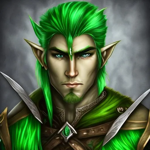 Prompt: portrait handsome male elven warrior with green hair
