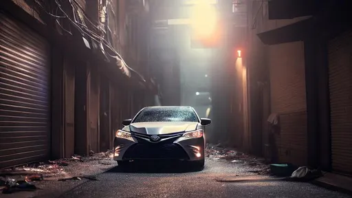 Prompt: Toyota Camry, in a dark forgotten trash filled alley way, no light coming in, with trash flying around, in the crack of dawn, cinematic lighting, drama effect