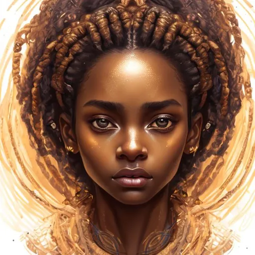Prompt: portrait of a queen{person}, smooth soft brown skin, big dreamy eyes, beautiful plaited African hair with a golden crown, symmetrical, anime wide eyes, soft lighting, detailed face, by concept art, digital painting, looking into camera