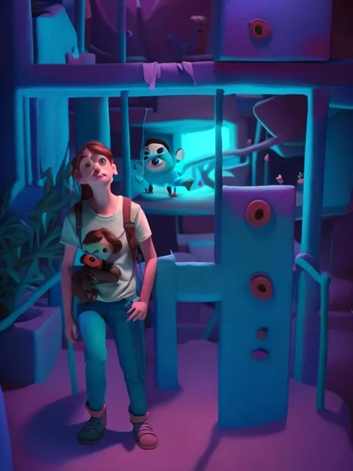 Prompt: Animated pixar style girl wearing blue tshirt and blue jeans coming out of cave, concept art, chibi kabai, fairytale style, full illustration, 8K, 4D, octane rendering
