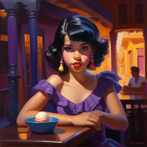 Prompt: Cuban girl, pale skin, black hair, hazel eyes, Havana, popsicle in mouth, cartoony, dark purple atmosphere, extremely detailed painting by Greg Rutkowski and by Henry Justice Ford and by Steve Henderson
