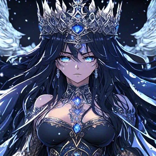 Prompt: highly detailed 8k UHD ultra realistic Full Body View anime goddess Queen of Kings, got raven hair Dark as night icy eyes detailed fused with cell shade abs.