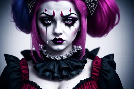 Prompt: realistic photo of a sad girl, crying clown, evil harlequin demon witch, queen of diamonds, clown make-up and costume, pleading, mental anguish, depression, sad, mascara running, dripping, inky drips, runs, weeping, 