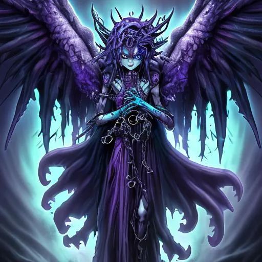 Prompt: dark necrofear and change of heart, dark blue and purple, half angel monster design, doll parts, doll joints, humanoid, fallen angel with chains, detailed character art, full sized yugioh art