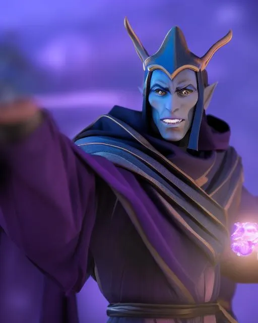 Prompt: Lanky dark elf humanoid with obsidian colored skin dressed in purple robes, holding a pulsing purple crystal. 4K Realistic