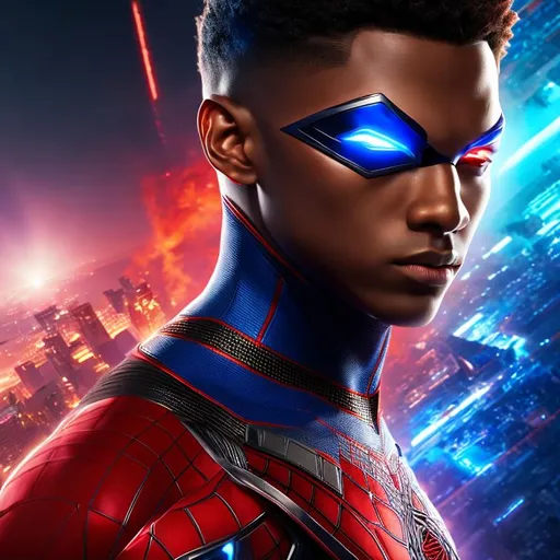 Prompt: High resolution hyperrealistic dynamic image of young avenger patriot merged with miles morales, symmetrical detailed photorealistic face, red and white and blue costume highly detailed, cinematic, uhd, hdr, 64k