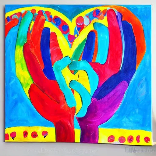 Prompt: many colourful children's hands on a large heart on canvas
