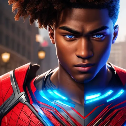 Prompt: High resolution hyperrealistic dynamic image of young avenger eli-bradley merged with miles-morales, symmetrical detailed photorealistic face, red and white and blue costume highly detailed, cinematic, uhd, hdr, 64k