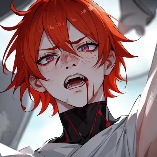 Prompt: Erikku male adult (short ginger hair, freckles, right eye blue left eye purple) UHD, 8K, Highly detailed, insane detail, best quality, high quality, covered in blood, covering his face with his hand, wide eyes, insane, fear, threatening, laughing, angry, fighting, psychopathic, anime style,