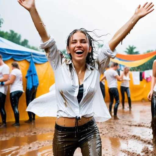 Prompt: photo of young woman, soaking wet clothes, no shoes, muddy black leather pants, muddy white shirt,  , festival having fun with friends,   enjoying, water dripping from clothes, clothes stuck to body,  detailed textures of the wet fabric, wet face, wet plastered hair,  wet, drenched, professional, high-quality details, full body view.