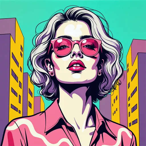Prompt: This is a vibrant, digitally-created pop art portrait of a woman set against a cityscape background. The woman is depicted in a stylized, comic-book-like manner with bold black outlines and flat, solid colors. She has short, wavy hair that is white with black outlines, and she is wearing round, pink sunglasses that cover her eyes. Her lips are dark pink, and she has small, black, circular earrings in her ears. She is dressed in a pink shirt with a white, wavy pattern. The background features tall, yellow and purple buildings with simplistic, geometric shapes, set against a bright turquoise sky. The overall style is reminiscent of 1980s pop art, with a strong use of contrasting colors and a playful, retro aesthetic. The image is highly detailed in its use of color and line work, creating a dynamic and eye-catching visual effect.
