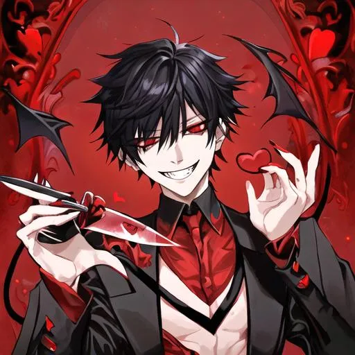 Prompt: Damien (male, short black hair, red eyes), demon form, grinning seductively, holding a knife, hearts around him

