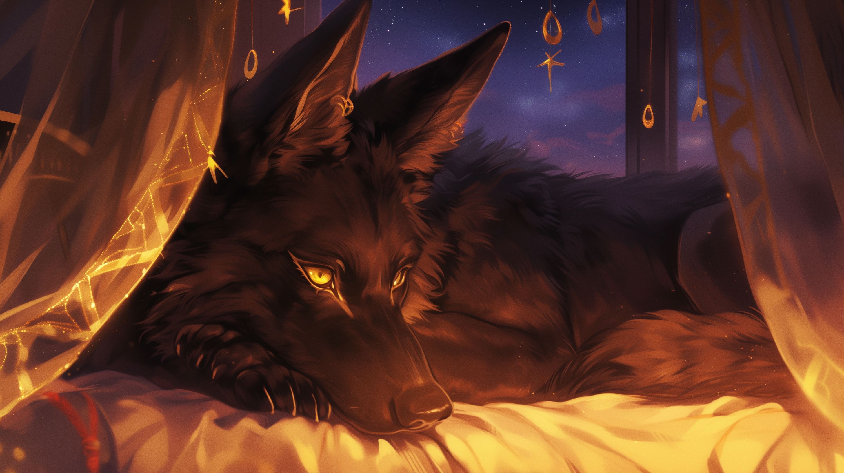 Prompt: an anthropomorphic black anubis (jackal) with golden eyeliner laying on his back on his bed with his head turned toward the viewer looking at you with a tender expression as the wind blows through his fuzzy thick fur, husband, lover, tender, photorealism, true to life animal, nitetime bedroom with curtains fluttering showing the moonlight and stars in the open window --ar 16:9 --niji 6